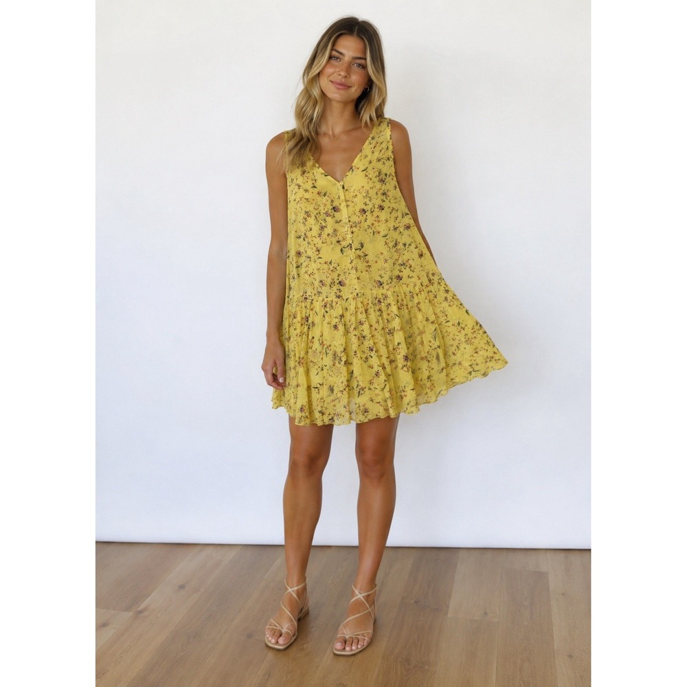 Tulip B Designed by J317 A-Line Dress Women's Large Yellow Floral Sleeveless NWT